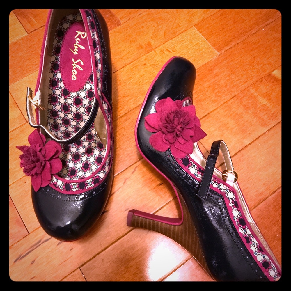 Ruby Shoo patent navy heel